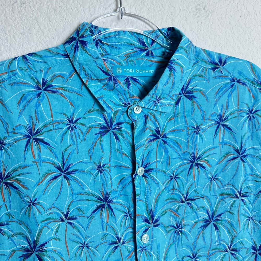 Tori Richard Men Turquoise Blue Palm Tree Cotton Lawn Hawaiian Shirt M Aloha